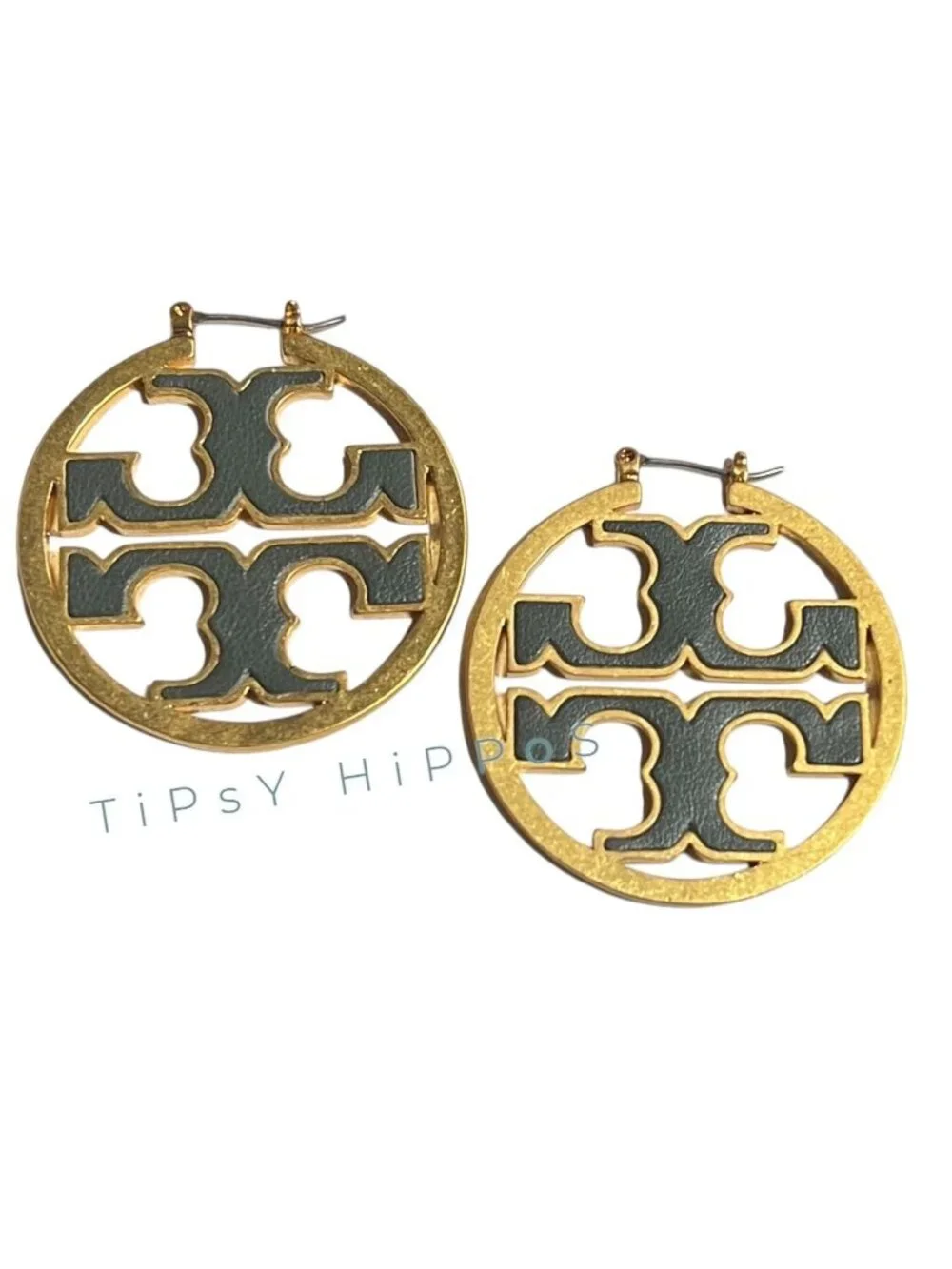 Authentic Tory Burch Miller Hoops in Hunter Green and Gold